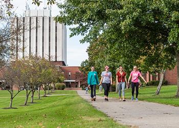 Students walking across Edinboro's campus. 
